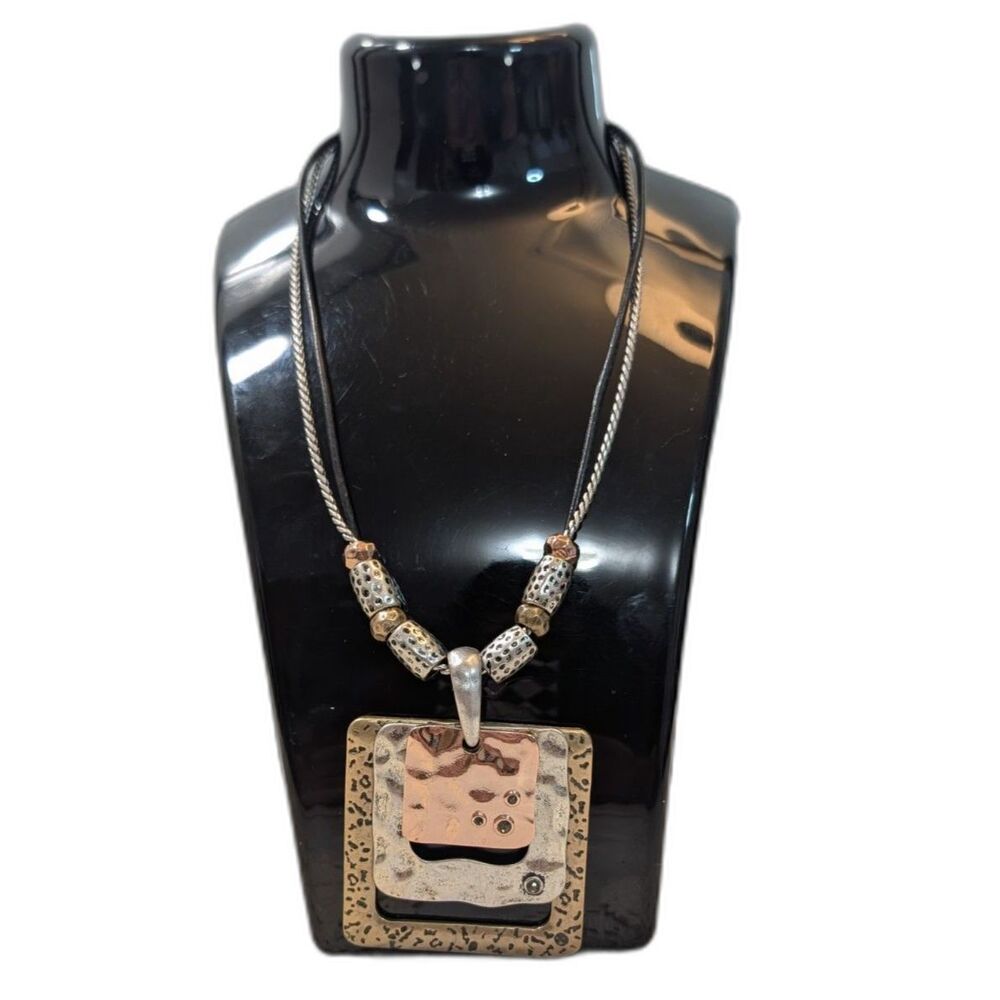 Laura Ashley Vintage Mixed Metal Statement Necklace Square Hammered Pendant